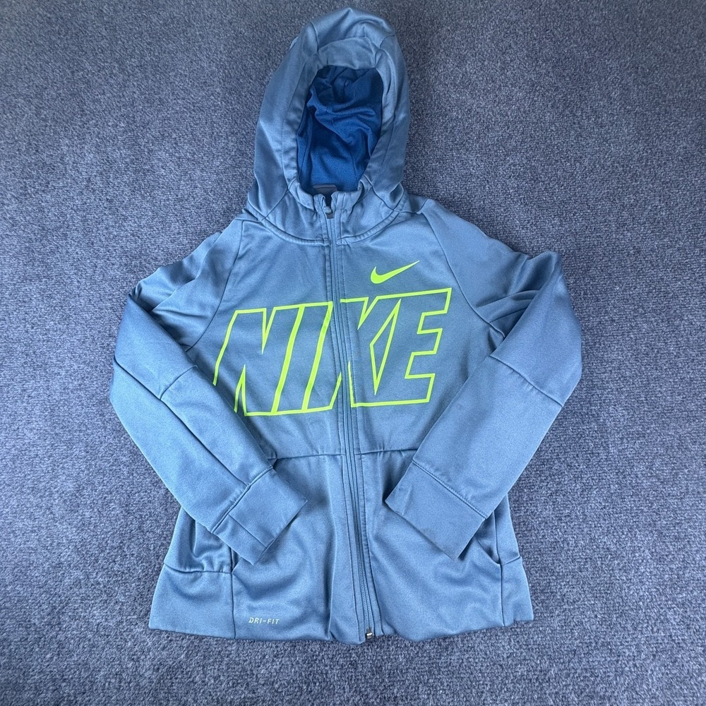 Nike Dri-FIT Hoodie Boys Large Blue Force Volt Logo Therma Pockets Full Zip